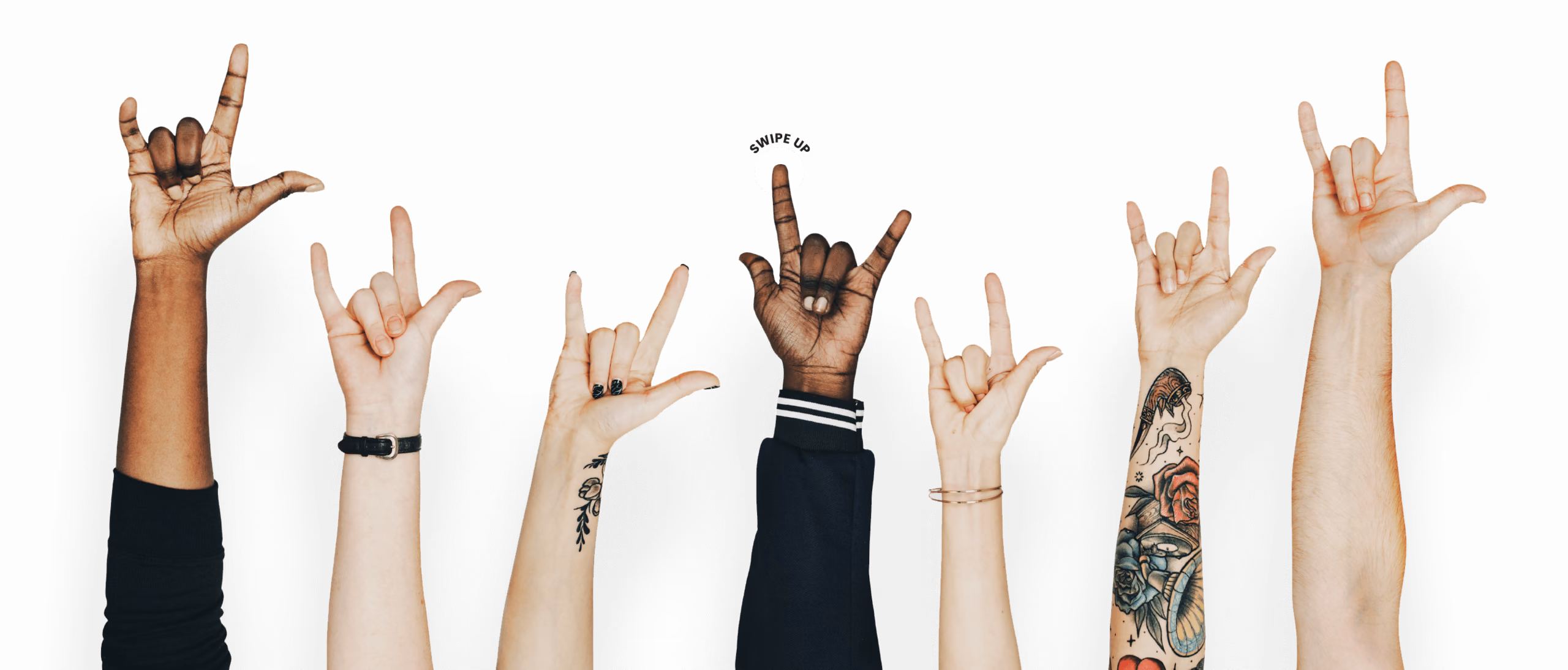 Swipe or click to see menu Hands and arms pointing up in love hand sign gesture